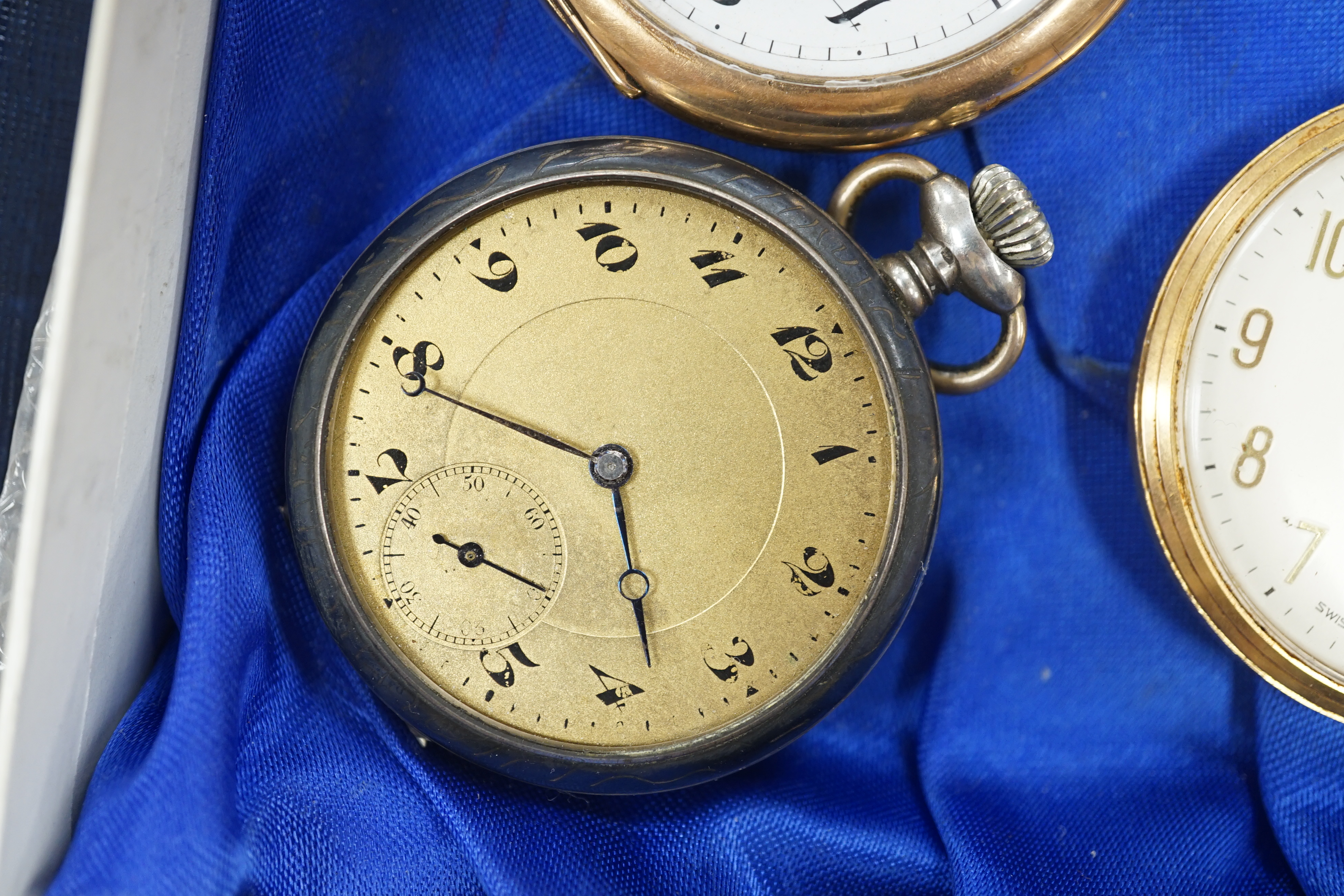 Two silver albert chains, including graduated link and silver gilt(worn), largest 40cm, together with eight assorted pocket or fob watches including silver, white metal and gold plated.